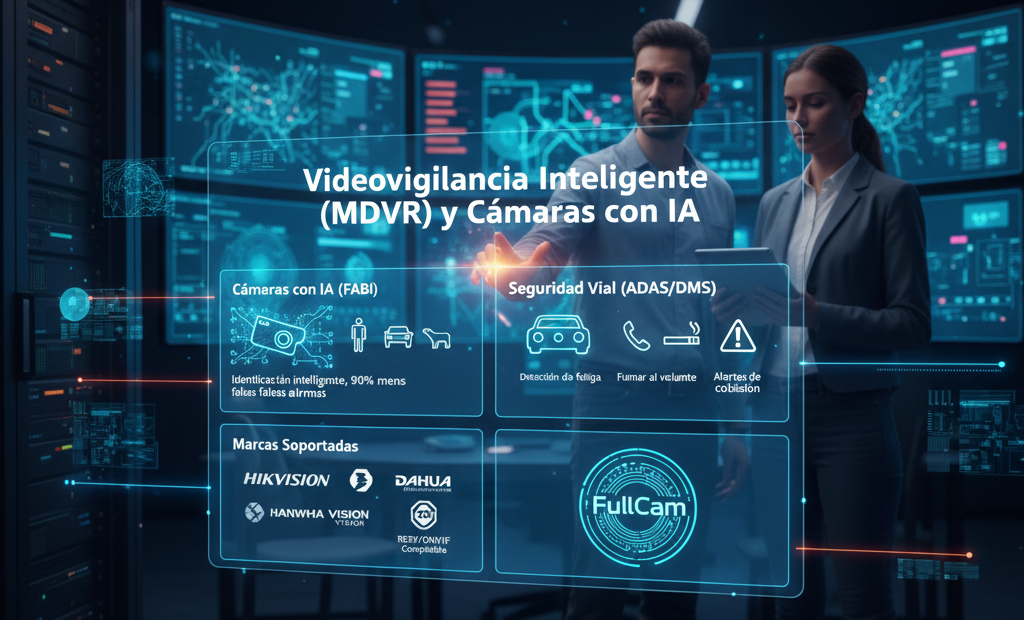 Imagen de alta tecnología que muestra la vista desde el interior de una cabina de transporte con una Dashcam inteligente integrada. La imagen incluye una superposición digital que resalta la detección de fatiga del conductor y la identificación de vehículos en carretera mediante algoritmos de IA en tonos azules y cian.
