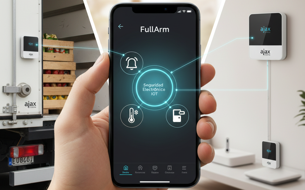 Interfaz de la aplicación FullArm en un smartphone moderno junto a un panel de seguridad Ajax Systems y sensores IoT industriales, con un fondo desenfocado que muestra una bodega logística y una oficina inteligente.
