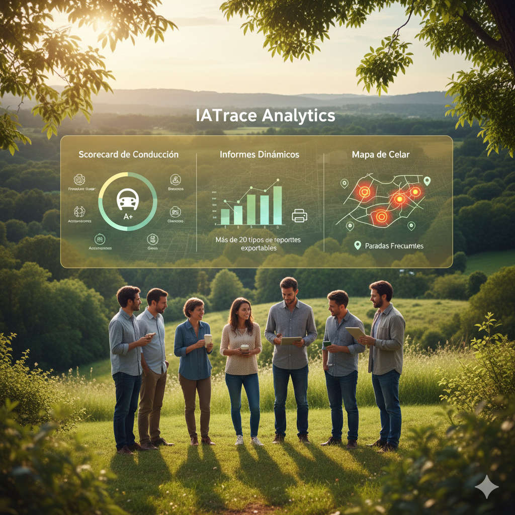 Fotografía profesional de una tablet colocada sobre una mesa de madera en un entorno exterior natural con árboles y césped. La pantalla muestra un mapa de calor logístico y una gráfica de 'Scorecard' con calificaciones de conductores, representando el análisis de datos sostenible.