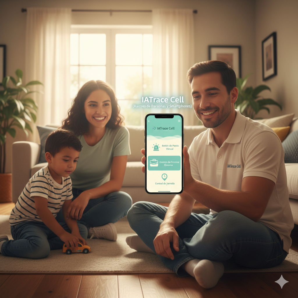 Fotografía en tonos cálidos de una madre y su hijo compartiendo un momento familiar en una sala iluminada, mientras en primer plano se observa un smartphone con la aplicación IATrace Cell abierta, mostrando el botón de pánico virtual y la ubicación en tiempo real.