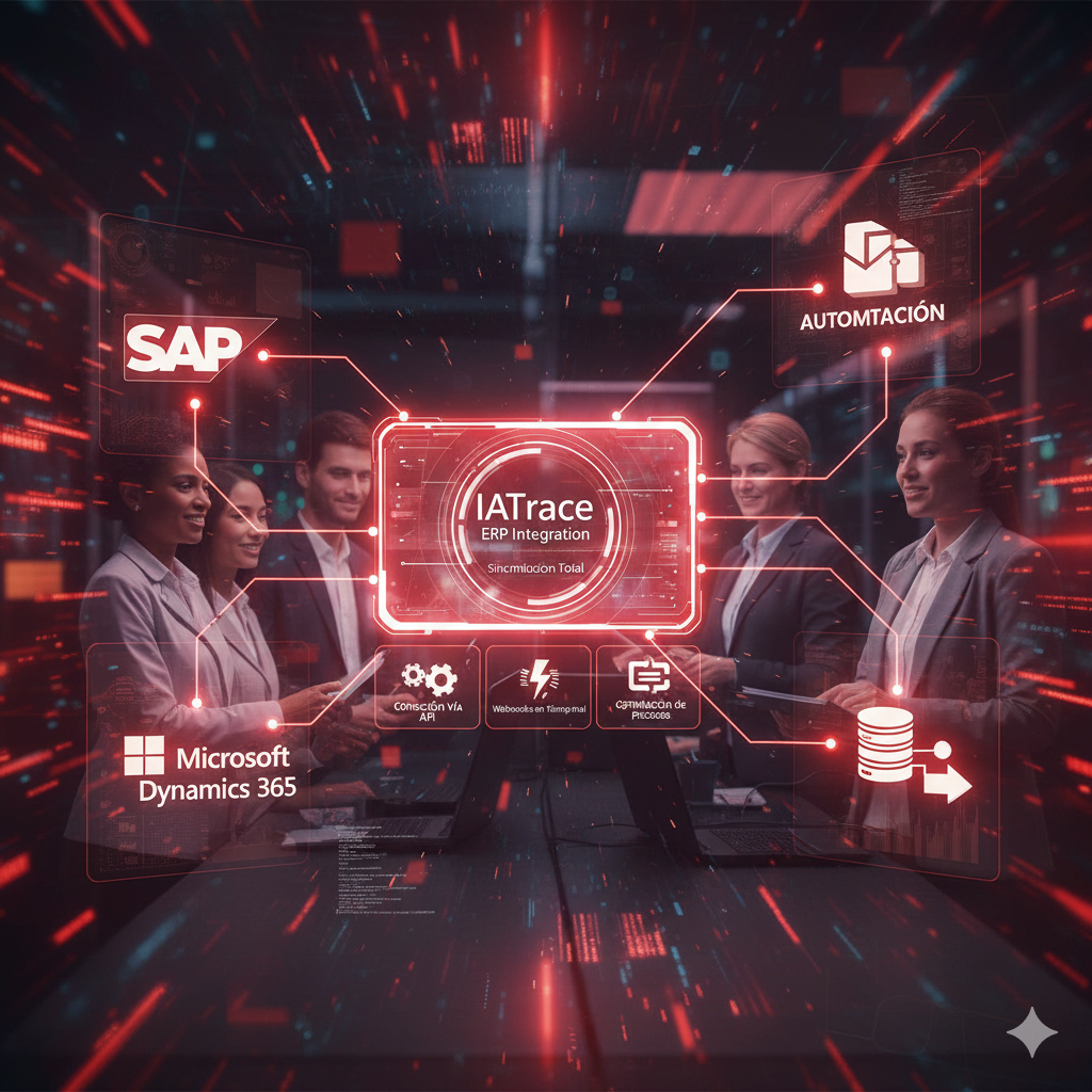 Ilustración conceptual de alta tecnología en tonos rojos y carmesí que muestra un núcleo de datos central conectado mediante líneas de luz digitales a iconos de software empresarial (ERP, CRM y API), simbolizando una sincronización de datos fluida y automatizada.